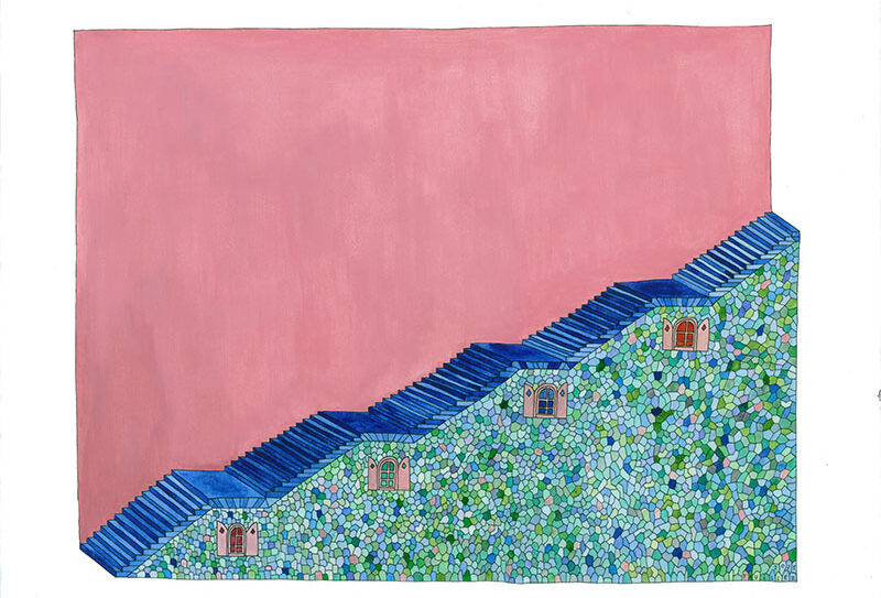 Escalier bleu sur fond rose – 60x50cm 800